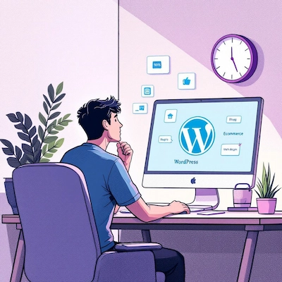 Homme réfléchissant à WordPress sur ordinateur, bureau moderne.