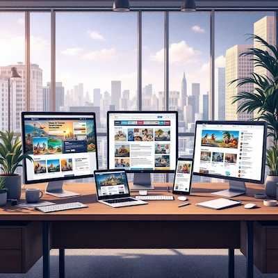 Bureau avec plusieurs écrans affichant des sites web