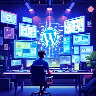 Personne travaillant sur des écrans WordPress, ambiance futuriste.