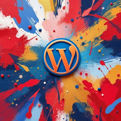 Logo WordPress sur fond éclaboussé coloré.